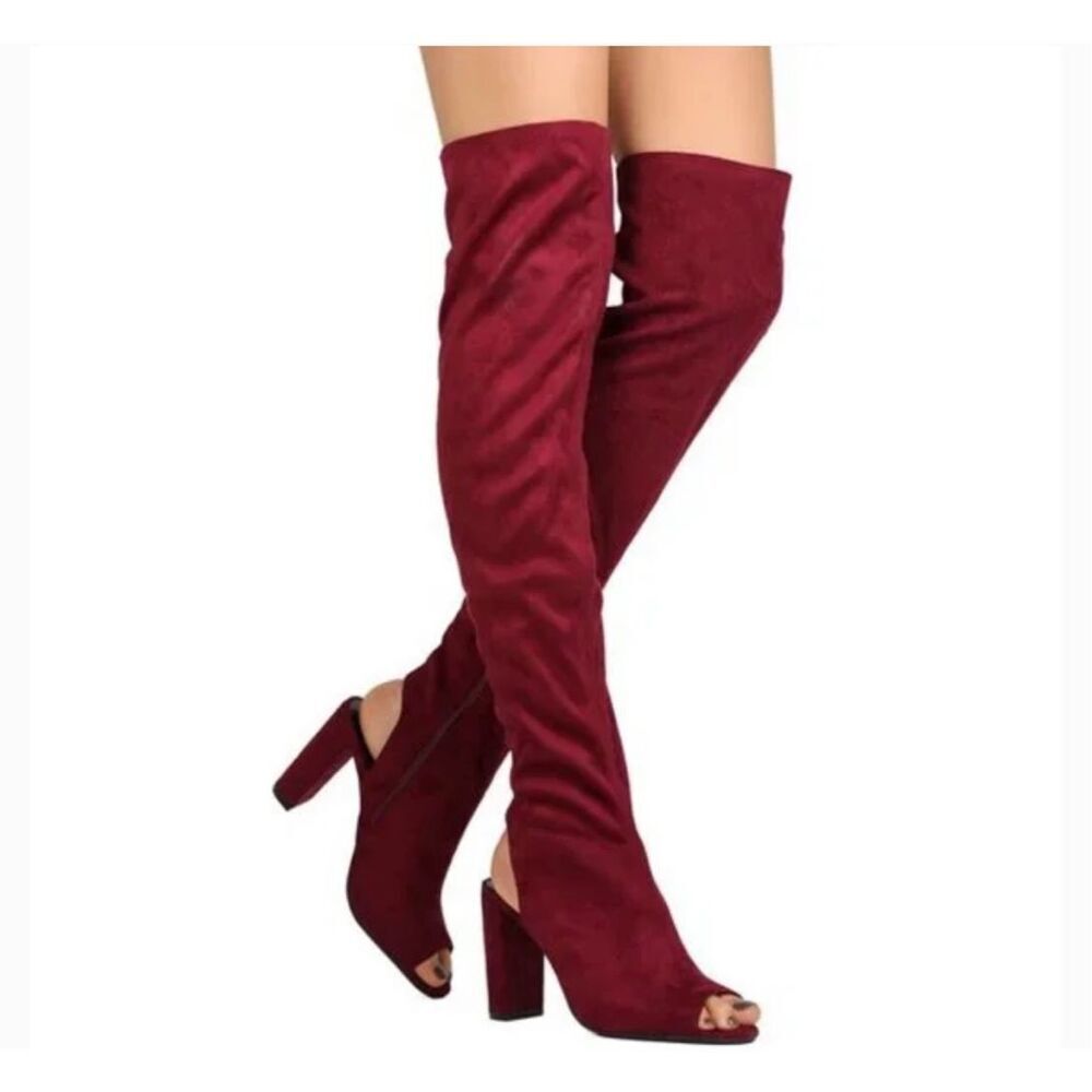Brand New Womens Bamboo Wine Crushed Velvet Thigh High Peep Toe Boots - Sz 8